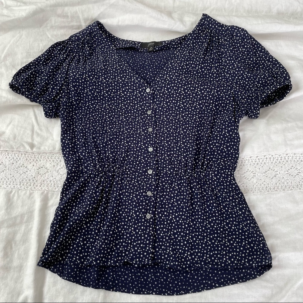 J. Crew XS NAVY STAR Print Button-Up Peplum V-Neck Short Sleeve Top Shirt 2019